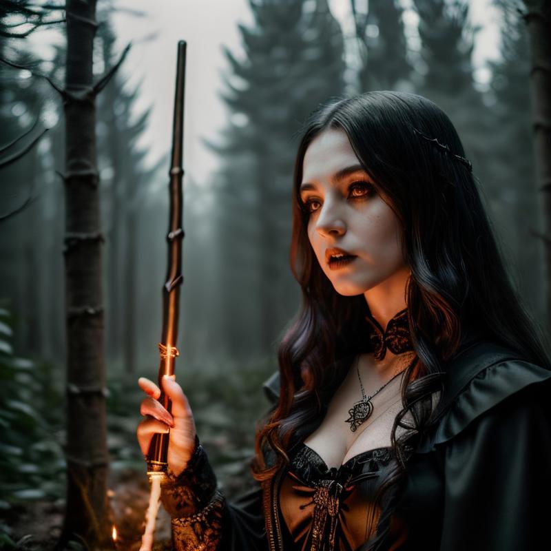 00417-1733273975-masterpiece, intricate photo, female witch with a magic wand of a wizard,  lightning strikes comes out of the magic wand, casts.jpg